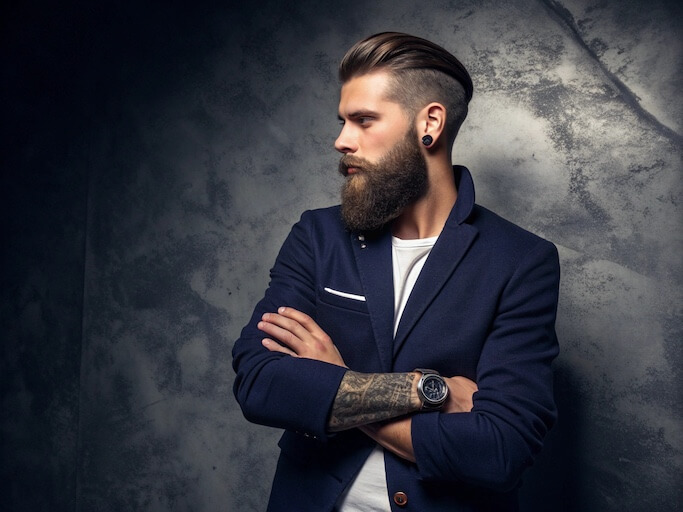 Stylish man in dark blazer.