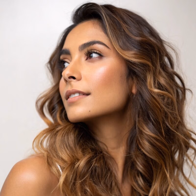 Wavy hair with natural highlights.