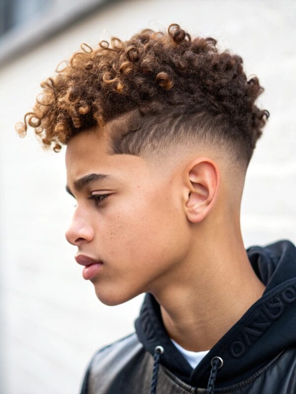 Curly hairstyle with a fade cut.